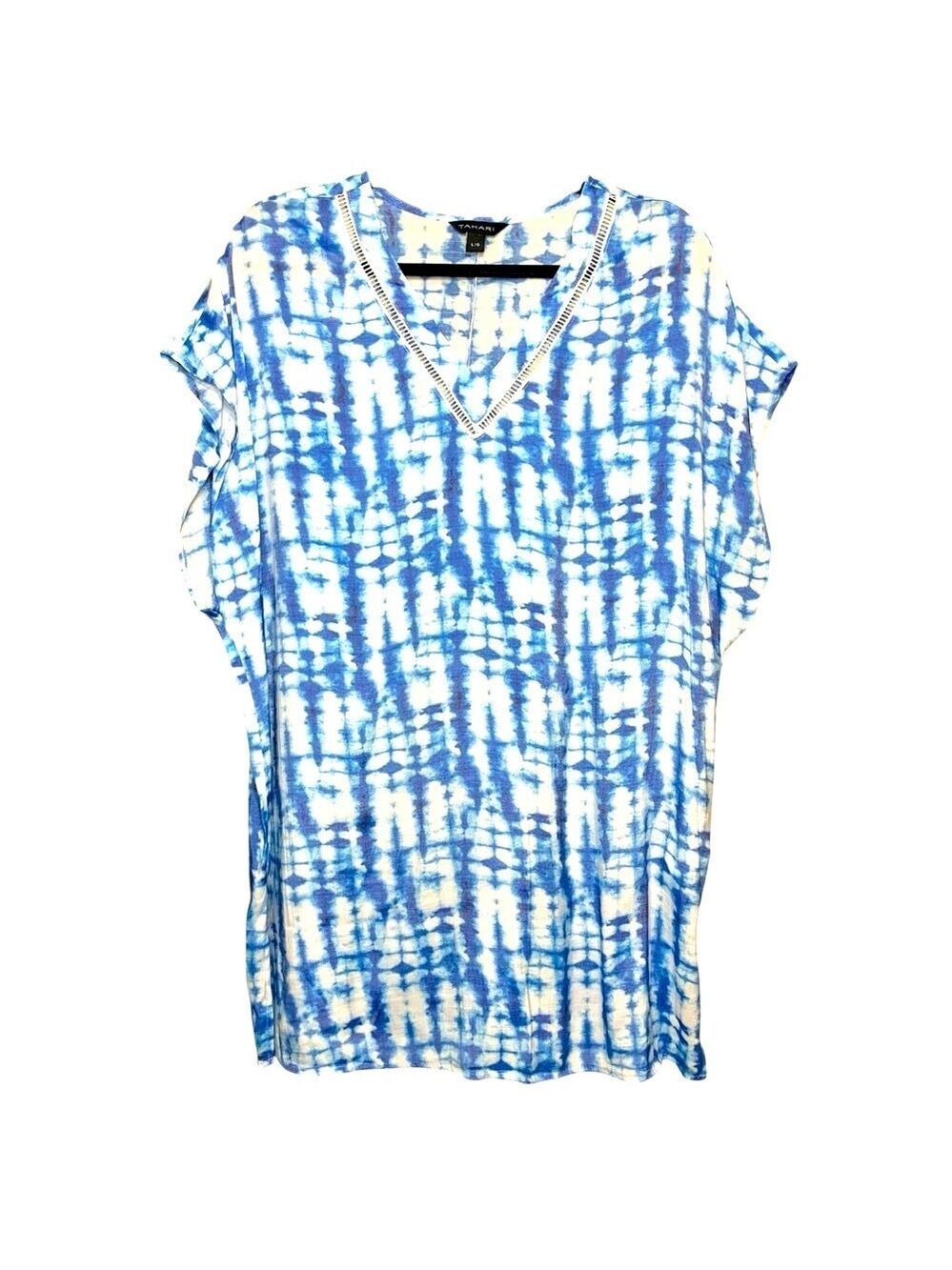 Tahari Swim Cover Up Tie-Dye Blue White Tunic Top Sz L Beach Pool Resorts